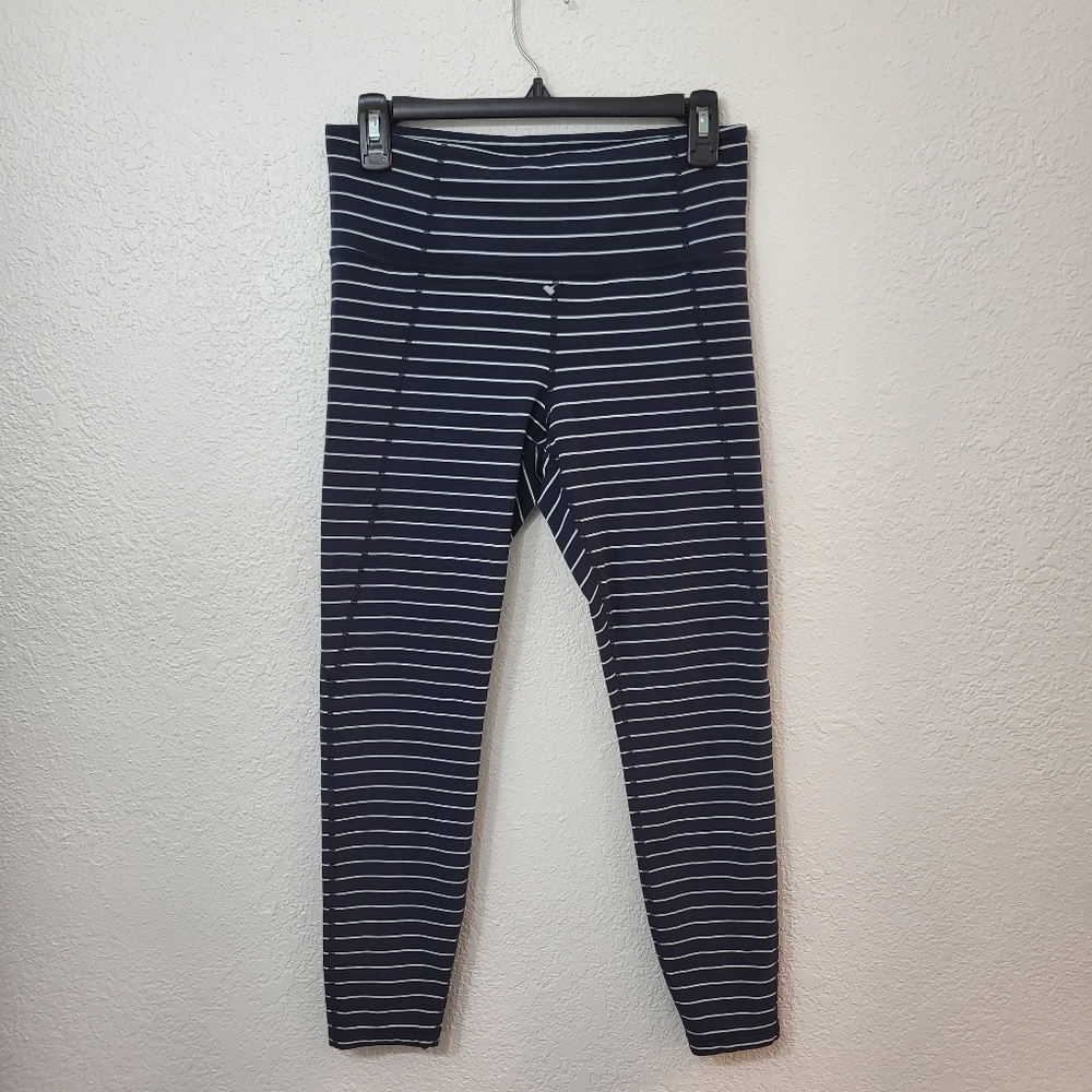 Athleta | dark blue Stripe Powervita Salutation 78 Yoga Tight Leggings Size L